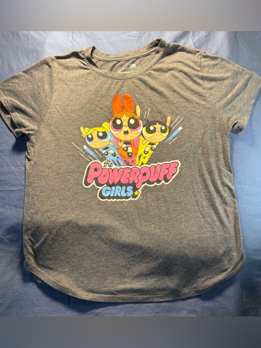 Cartoon Network Powerpuff Girls Tee - Gray with Pink Blue Yellow Orange Accents